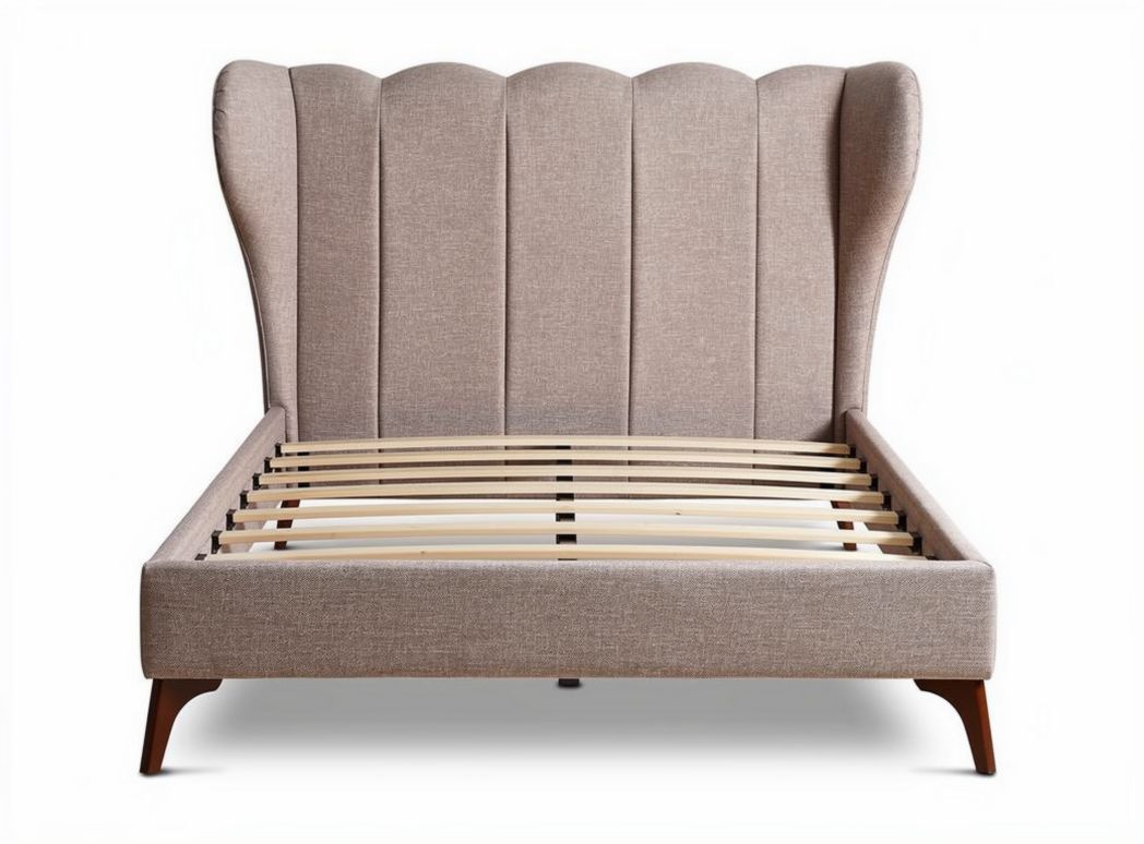 Fabric upholstered bed frame with wingback design and wooden slats 205 x 160 x 120cm