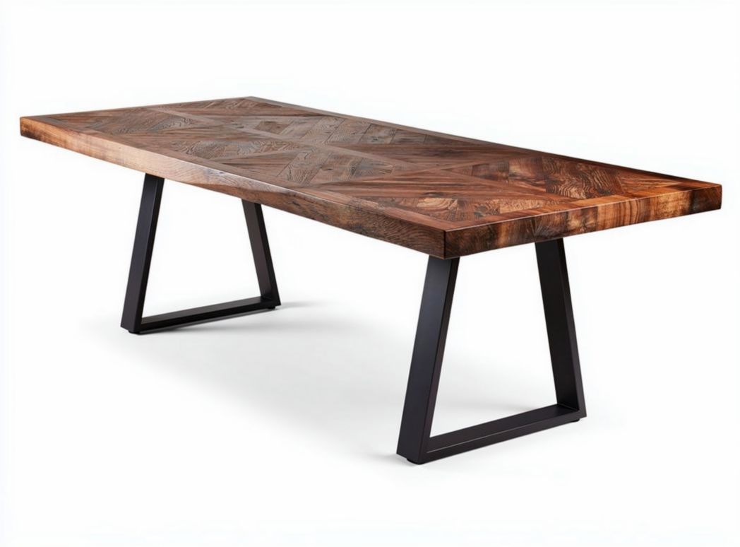 Solid wood dining table with geometric patterns and metal legs 200 x 100 x 75cm