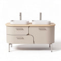 Dual sink bathroom vanity in beige with wooden countertop size 120 x 60 x 85cm