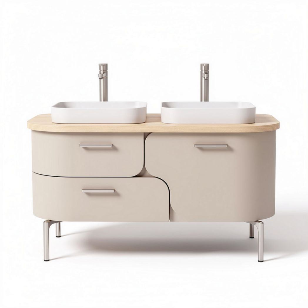 Dual sink bathroom vanity in beige with wooden countertop size 120 x 60 x 85cm