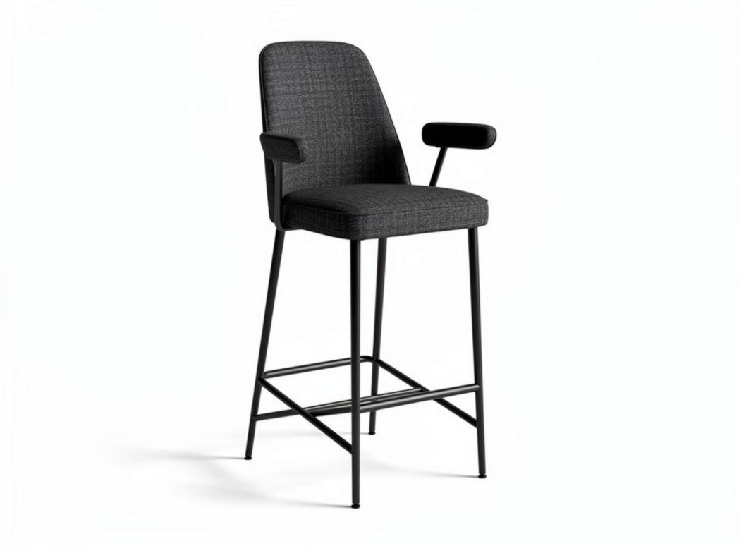 Upholstered bar stool in charcoal fabric with armrests and metal legs 40 x 40 x 100cm