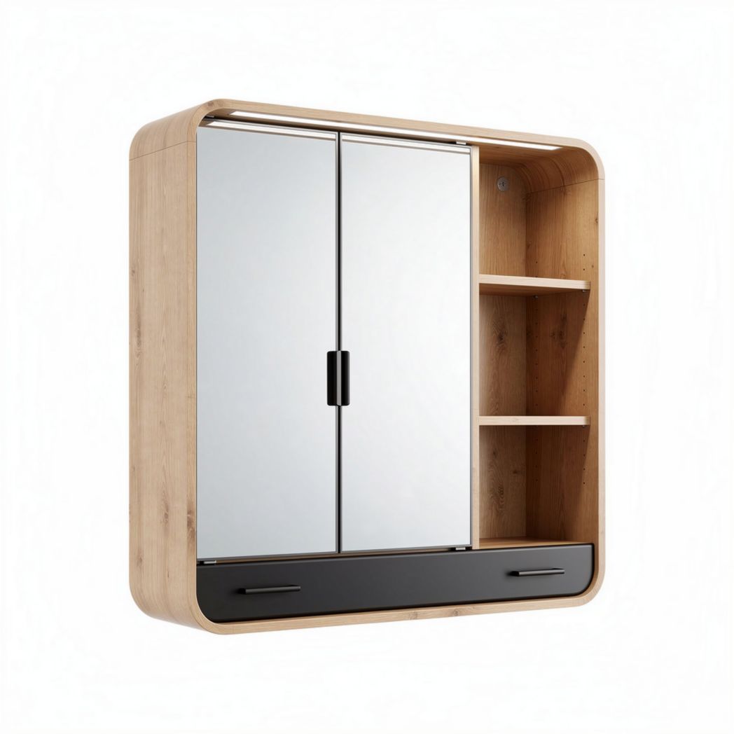 Sliding mirror cabinet with wood finish and open shelves 150 x 120 x 40cm