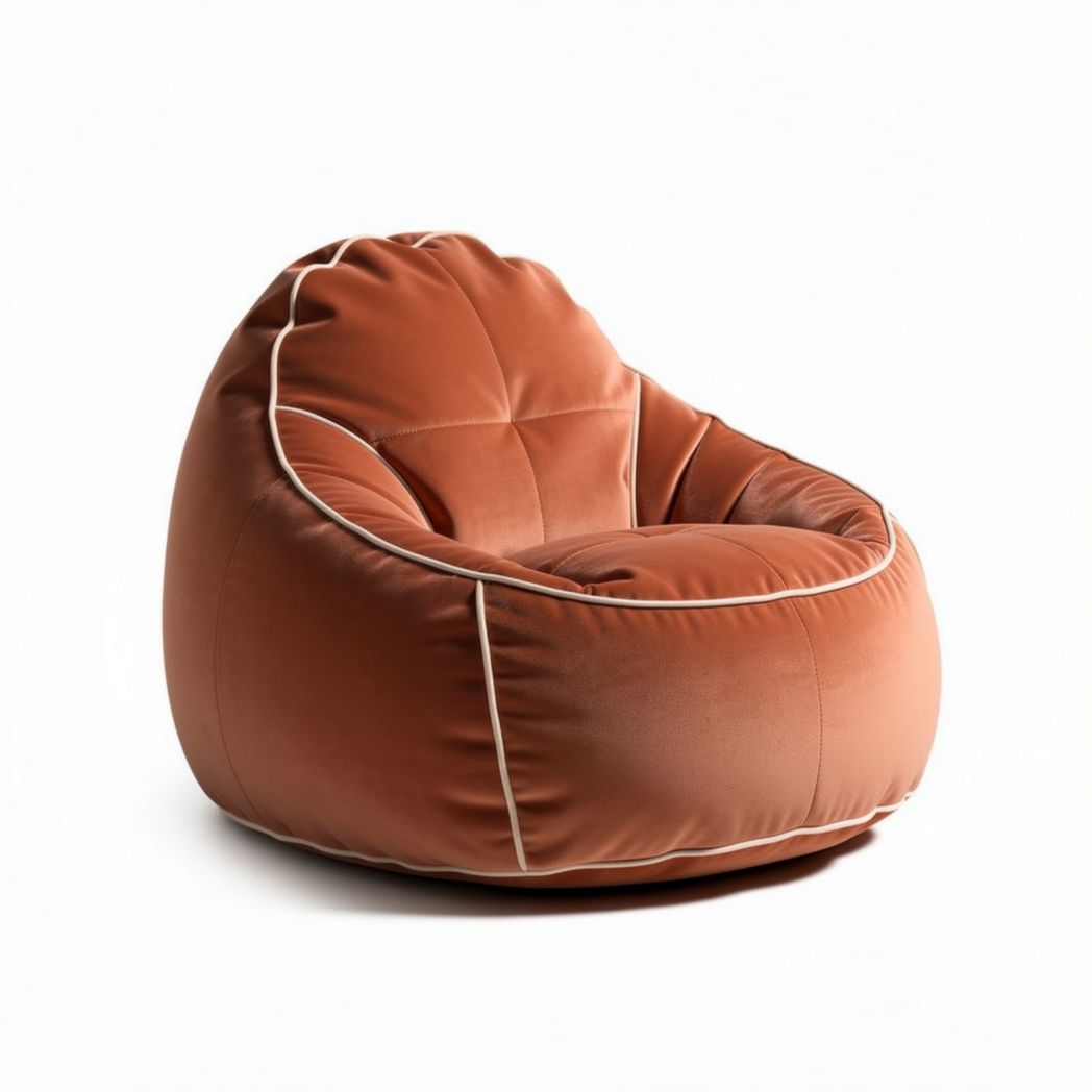 Bean bag chair for casual seating in orange fabric with contrast trim 80 x 80 x 60cm