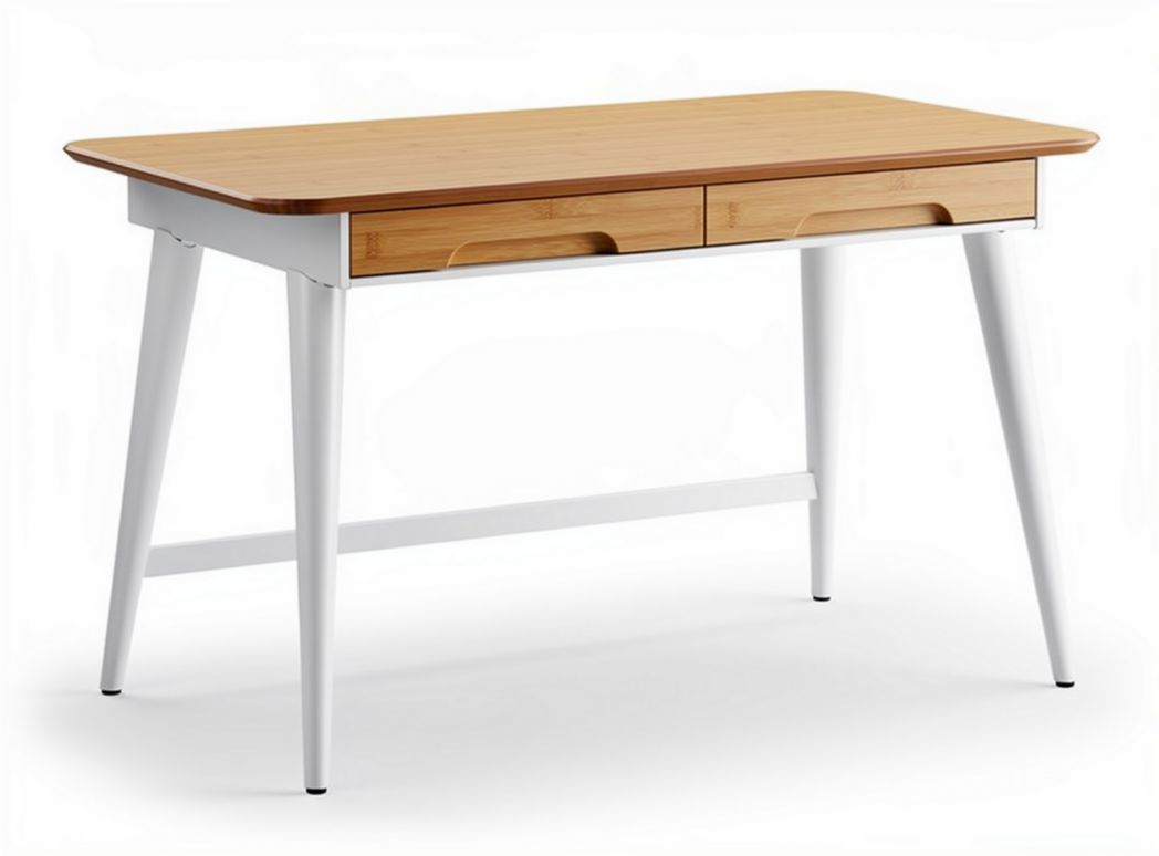Bamboo desk with two drawers and white metal legs 120 x 60 x 75cm