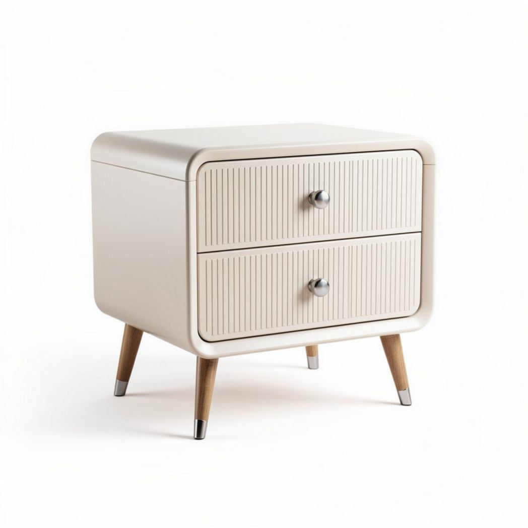 Modern white nightstand with ribbed drawers and wooden legs 50 x 40 x 45cm