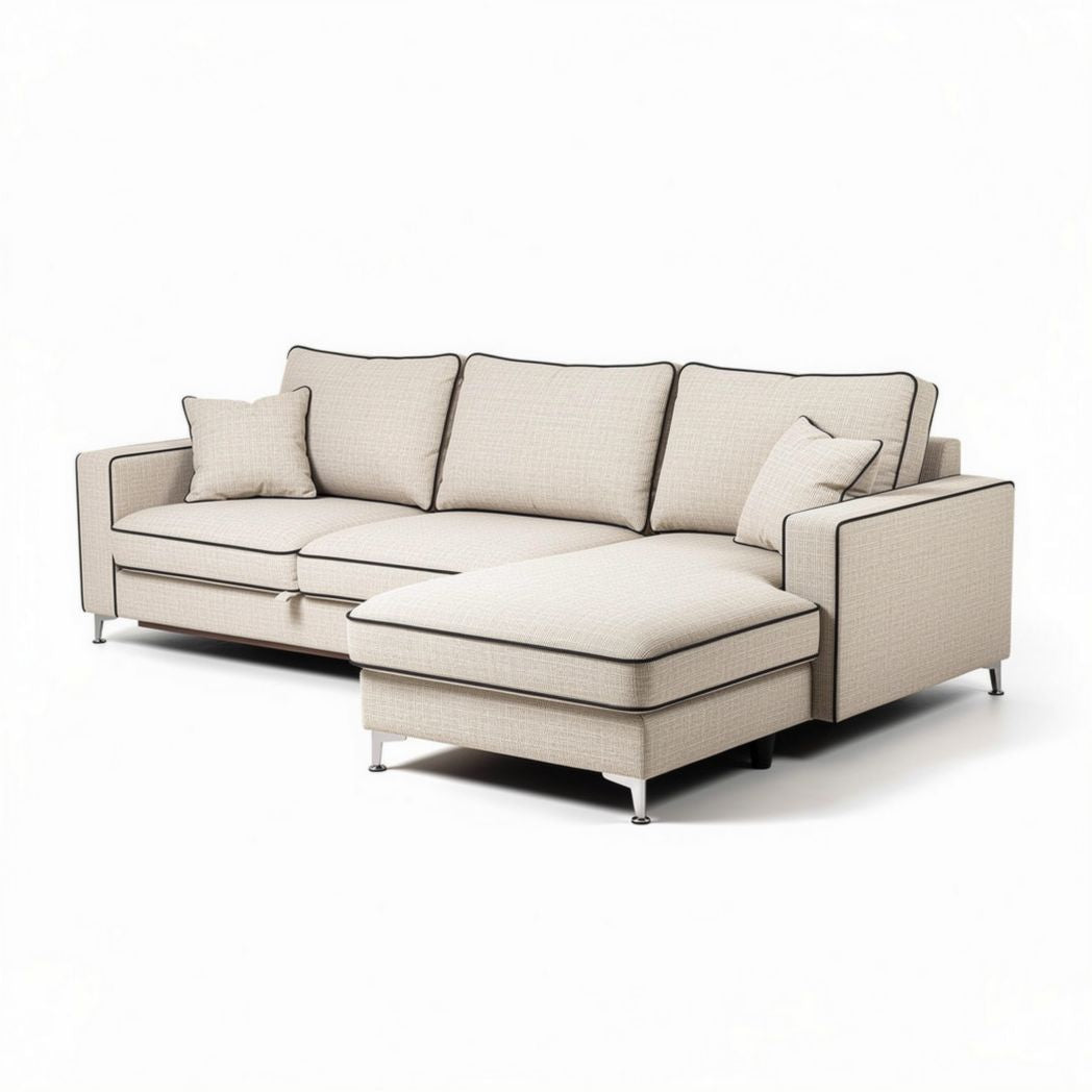 L-shaped sectional sofa with removable cushion covers in cream fabric 210 x 90 x 85cm