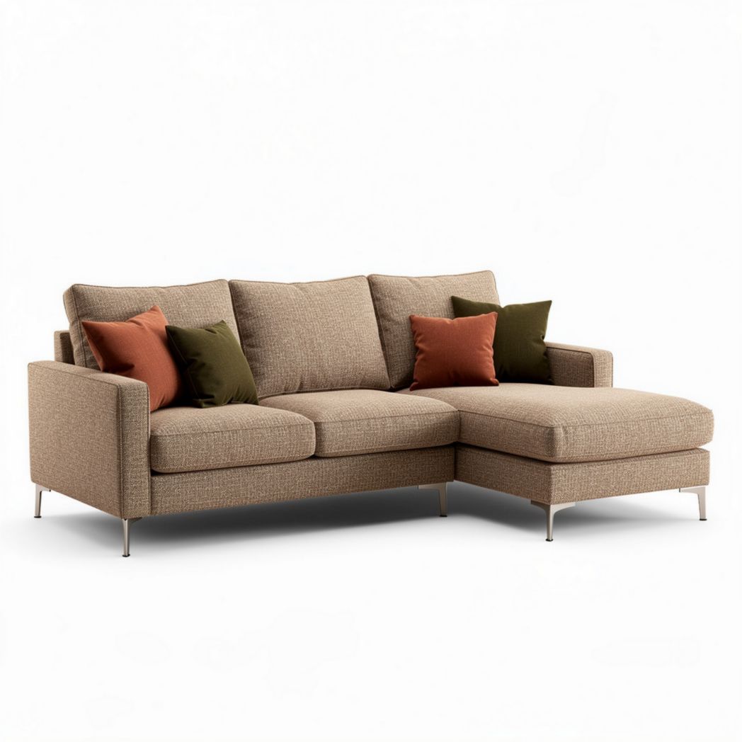 L-shaped sectional sofa in beige fabric with removable cushions and three accent pillows