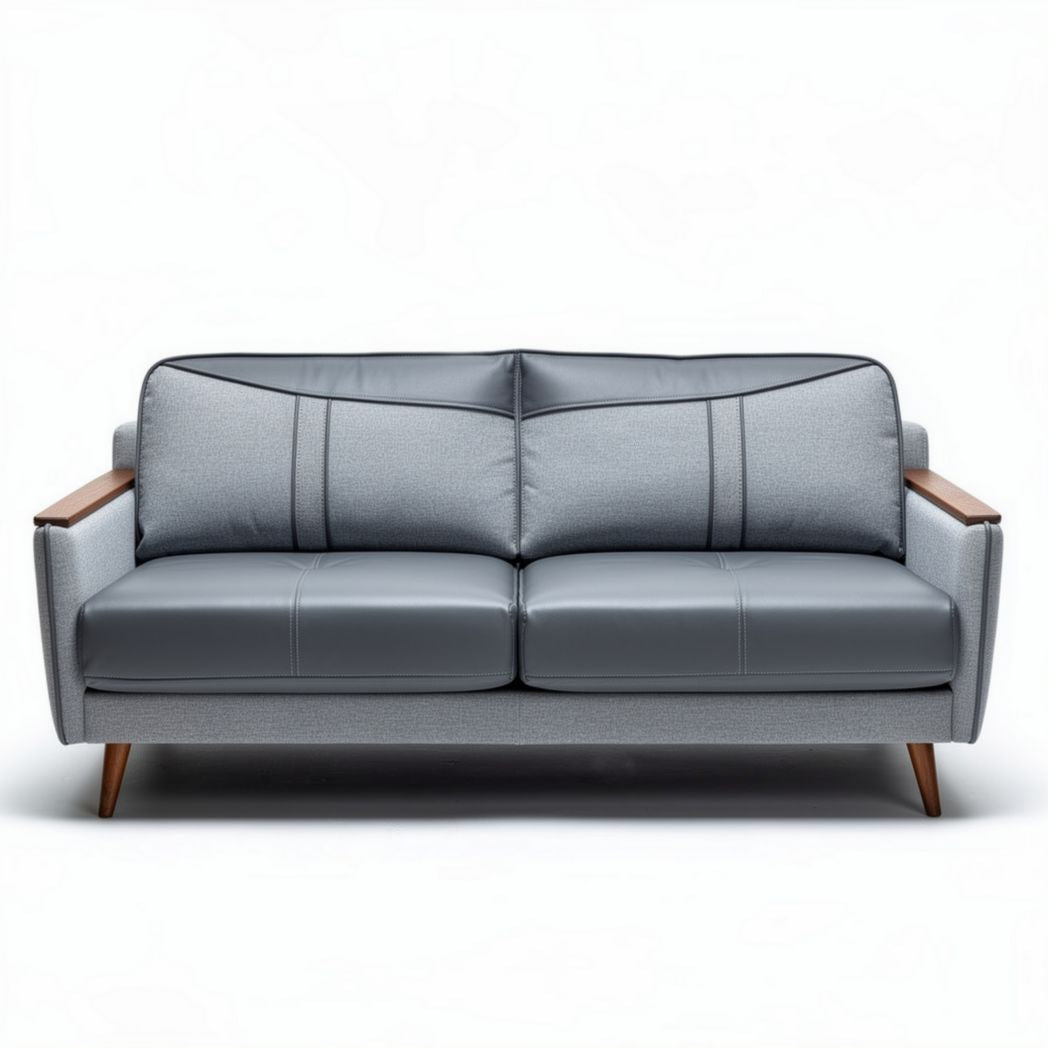 Gray fabric and leather sofa with wooden armrests 180 x 85 x 75cm
